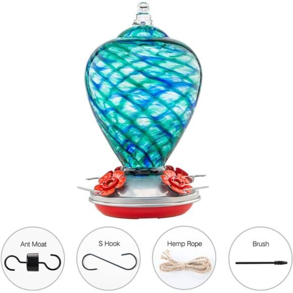 Hummingbird Feeders,34OZ Hand BlownGlass Hummingbird Feeder for Outdoors Hanging - Picture 2 of 7